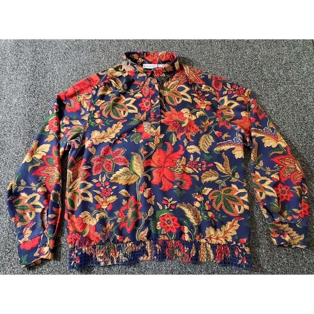 Vtg Alfred Dunner Blouse Women L Red Floral Paisley Sheer Elastic Waist Colorful